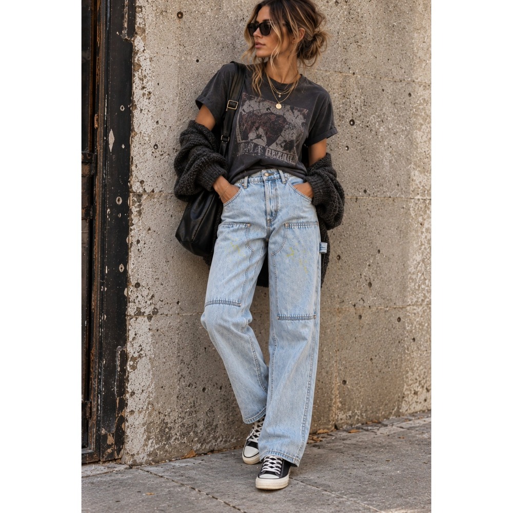 Still Here New York Subway Jeans Light Wash Carpenter Utility Painted Denim 25